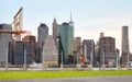 Manhattan skyline seen from sport court at sunset, USA