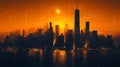 Manhattan sunrise, digital data overlay, futuristic cityscape Royalty Free Stock Photo