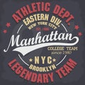 Manhattan t-shirt graphics. New York athletic apparel design. Vector