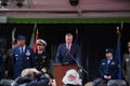 Mayor Bill Deblasio speaking at Veterans Day parade in NYC. NYC Mayor