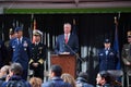 Military Air Force officials standing on podium next to NYC Mayor Bill de Blasio