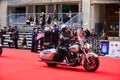 NYPD Motorcycle unit driving on red carpet. Veterans Day Parade in NYC Royalty Free Stock Photo