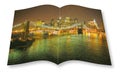 Manhattan waterfront with Brooklyn Bridge at night - New York City USA - 3D render concept image of an opened photo book with Royalty Free Stock Photo