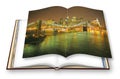 Manhattan waterfront with Brooklyn Bridge at night - New York City USA - 3D render concept image of an opened photo book with Royalty Free Stock Photo