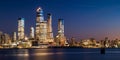 Manhattan West skyline at sunset with Hudson Yards skyscrapers. New York City cityscape.