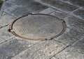 Manhole cover on garden pavement