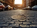 Manhole cover in an old cobblestone street lined with parked cars in the Tribeca neighborhood of New York City Royalty Free Stock Photo