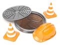 Manhole, traffic cones and safety helmet. 3D Royalty Free Stock Photo