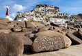 Mani stones in front of Thiksey Monastery , inscribed with the