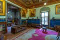 Manial Palace of Prince Mohammed Ali. Living room at the residence building with Turkish floral blue ceramic tiles, Cairo, Egypt