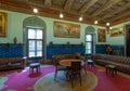 Manial Palace of Prince Mohammed Ali. Living room at the residence building with Turkish floral blue ceramic tiles, Cairo, Egypt