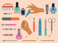 Manicure accessories. Female pedicure tools beauty salon female nail cuticle vector cartoon illustrations