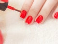 Manicure - Beautiful manicured woman`s nails with red nail polish on soft white towel. Royalty Free Stock Photo