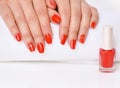 Manicure - Beautiful manicured woman`s nails with red nail polish on soft white towel Royalty Free Stock Photo