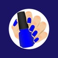 Manicure, blue matte nail polish. Hand holds blue bottle with varnish. Vector flat illustration isolated on white background