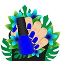 Manicure, blue matte nail polish. Hand holds blue bottle with varnish. Vector flat illustration isolated on white background
