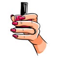 Manicure. A bottle of varnish in women's hands. Hand with painted nails. Cartoon style. Royalty Free Stock Photo