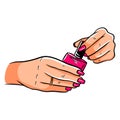 Manicure. A bottle of varnish in women's hands. Hands with painted nails. Cartoon style. Royalty Free Stock Photo