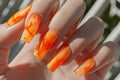 Manicure closeup. Woman orange nails close-up. Nail care in beauty salon. Spa healthy treatments for female hands. Fashion bright