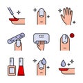 Manicure color icon set. Tools for cosmetic beauty treatment for the fingernails and hands, simple icons. Nail care Royalty Free Stock Photo