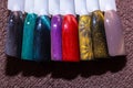 Manicure color picker set. Samples of nail varnishes close up