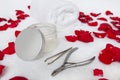 Manicure composition with rose petals - nail pliers, tweezers, c Royalty Free Stock Photo