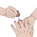 Manicure is a cosmetic beauty treatment for the fingernails and hands, performed at home or in a nail salon.