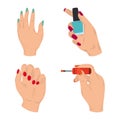 manicure, different female hands with paint nails polish care tool in cartoon style