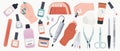 Manicure equipment. Cartoon professional hand nail care tools, stylish icons of hand nails polish and pedicure treatment