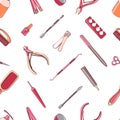 Manicure equipment seamless pattern. Hand drawn colorful background.