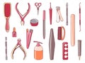 Manicure equipment set. Collection different tool nailfile, clippers, scissors. Hand drawn colorful illustration.