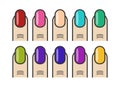 Manicure fingers and colorful nails vector icons set