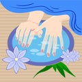 Manicure, hand care. Woman s manicured hands with bowl and flowers, vector illustration