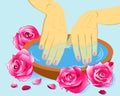 Manicure, hand care. Woman s manicured hands with bowl, flowers, vector illustration