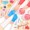 Manicure, hands and nails care top view illustration. Beauty salon and spa procedure concept