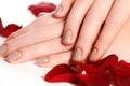 Manicure, hands & spa. Beautiful woman hands, soft skin, beautiful nails. Healthy woman hands. Beauty salon. Beauty treatment. Fe