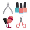 manicure icons set scissors clippers and nail polishes care tool in cartoon style
