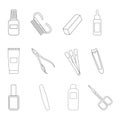 Manicure linear icons set. Nail polish, scissors, nail polish, cuticle nippers, palette, brush. Thin line isoline Royalty Free Stock Photo