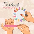 Manicure nail polish poster with choice of colorful false acrylic nails in modern polish shades vector illustration.