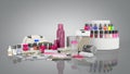 Manicure nail polishes UV lamp and various accessories and tools for manicure 3d render on grey gradient