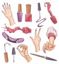 Manicure of nails. Female hands and various manicure accessories, equipment, tools. Element for banner or business card