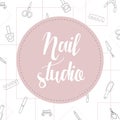 Manicure pedicure doodle tools set with nail polish symbol, scissors, polish, cream. Lettering manicure. Nail studio