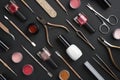 Manicure or pedicure tools and cosmetics isolated on dark background Royalty Free Stock Photo