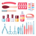 Manicure, pedicure tools and cosmetics set. Vector cartoon illustration. Nails, hands and feet care products Royalty Free Stock Photo