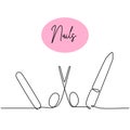Manicure and pedicure tools scissors and nail files for cosmetic procedures. Continuous one line drawing, single line art. Vector