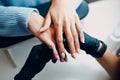 Manicure process female hands finger nails polish Royalty Free Stock Photo