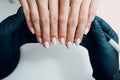 Manicure process female hands finger nails polish Royalty Free Stock Photo