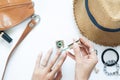 Manicure process. Nail polish being applied to hand