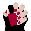 Manicure, red nail polish. Hand holds red bottle with varnish. Vector flat illustration isolated on white background