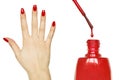Manicure set - Beautiful red manicured woman hand and nail polish Royalty Free Stock Photo